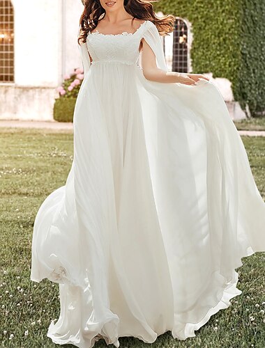  Robes de Mariée Décontractées Hall A-Line Col Carré Sans Manches Traîne Sweep  Brush Robes de Mariée en Chiffon avec Plis Appliqués 2025