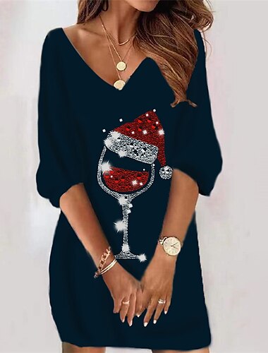  Damen Midikleid Rotes Weihnachtskleid Sweatshirt-Kleid Freizeitkleid Halbformelles Kleid Urlaub Lässig Weihnachten Outdoor Urlaub Lässiger Schnitt Weihnachtsmütze Dreiviertelarm V Ausschnitt Schwarz