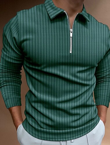  Voor heren Polo Met Textuur Casual Kwart ritssluiting Lange mouw Casual Oude geldstijl Gestreept Vetoketju Streep Lente Herfst Lente zomer Strak blauw Licht Roze Licht Blauw Zwart Wit Lichtgroen Polo