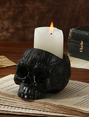  Kerzenhalter aus Kunstharz mit Halloween-Totenkopf – Skelett-Kerzenständer als Halloween-Dekoration (ohne Kerze)