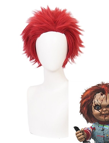  Peluca de pelo cosplay con estilo de espalda roja chucky, pelucas de cosplay resistentes al calor de la novia de chucky, pelucas de halloween