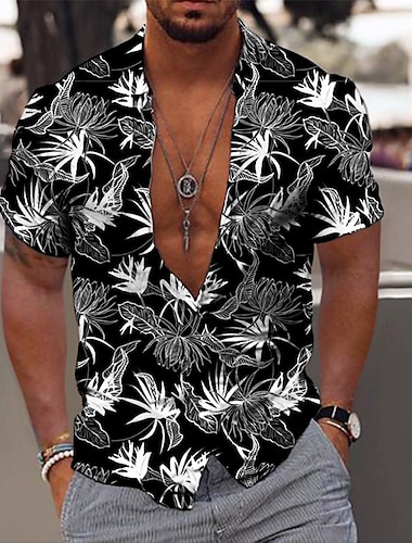  Herren Hawaiian Aloha Blätter Hemd Sommerhemd Hawaiihemd Sommerhemd Kurzarm Modisch Designer Brautkleider schlicht Outdoor Casual Festtage Sommer Frühling Umlegekragen Bedruckt Button-Down Schwarz