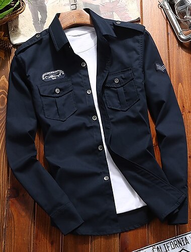  Herren Arbeitshemd Knopfhemd Cargohemd Overshirt Armeegrün Königsblau Khaki Langarm Grafikdrucke Klassischer Kragen Arbeit Campen und Wandern Bestickt Bekleidung 100% Baumwolle Lässig Militär