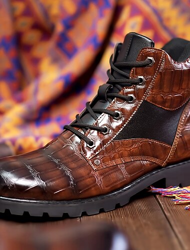  bottes à lacets en similicuir marron pour hommes avec motif crocodile et semelle robuste, élégantes et durables pour l'extérieur et les vêtements décontractés