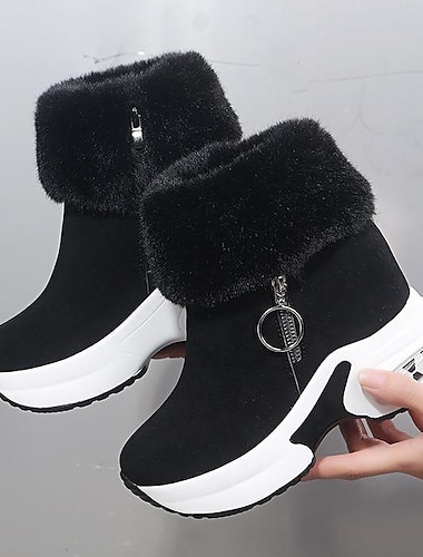  Women's Unisex Boots Snow Boots Suede Shoes Furry Feather Outdoor Daily Solid Colored Fleece Lined Booties Ankle Boots Winter Wedge Heel Hidden Heel Round Toe Sporty Casual Suede Zipper Black Gray