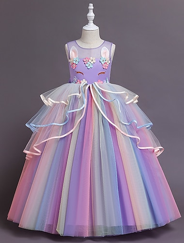  детское платье для девочек, костюм для вечеринки, принцесса, единорог, радужный цветок, цветное платье, тюлевое платье, многослойное платье на день рождения, белое, краснеющее, розовое, макси, без