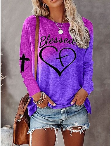  T-Shirt für Damen in Übergröße, Basic, Herz-Farbblock-Druck, langärmelig, normale Oberteile, Rundhalsausschnitt, lässig, Wochenende, Pink, Lila, Orange, Grau, Herbst&amp; Winter