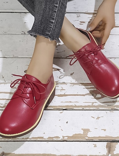  Women's Oxfords Daily Solid Colored Block Heel Round Toe Casual Minimalism PU Leather Lace-up Black Red