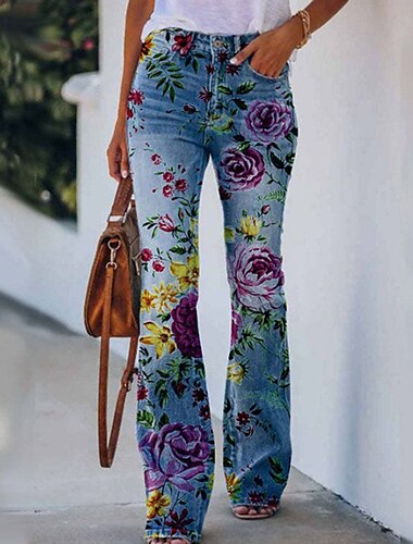  Femmes Pantalons Évasés Pantalon à pattes d'éléphant Pantalons Mode Longueur complète Taille Moyenne Crâne Fleur / Floral Poches Latérales in in france they say Pontalon wide leg Imprimé Confort