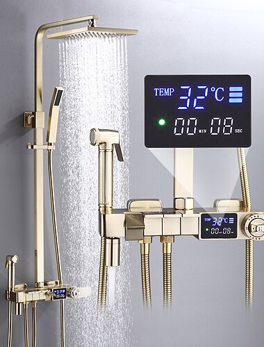  douchekraan, douchesysteem regendouchekopsysteem thermostatische mengkraan set - handdouche inbegrepen uittrekbare regendouche antiek land nikkel geborsteld montage binnen keramiek ventiel