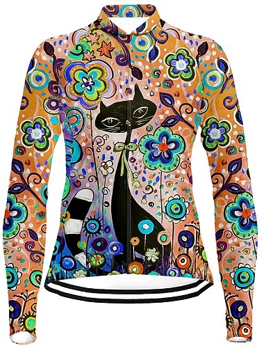  女性用 サイクリングジャージー 猫 花 植物 長袖 バイク ジャージー トップス 3つのリアポケット付き マウンテンサイクリング ロードバイク 速乾性 反射性ストリップ 後ポケット 吸汗性 スポーツ レッド ブルー パープル 衣類
