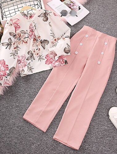  2-delig Kinderen Voor meisjes Bloemig Ronde hals Trui & broek reeks Lange mouw Modieus Buiten 7-13 jaar Lente Blozend Roze