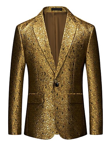 Blazer brillante para fiesta a la moda para hombre, talla grande, ajuste estándar regular, color sólido, botonadura única, un botón, dorado, 2024