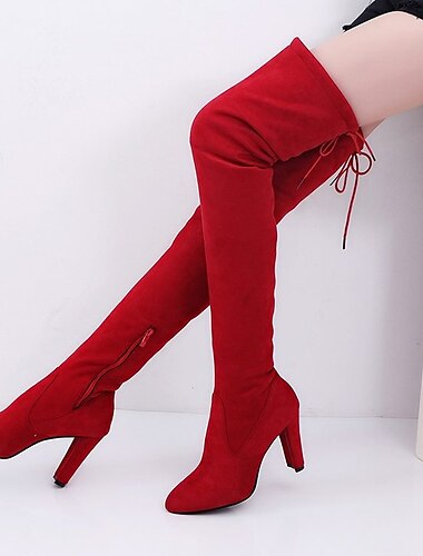 Femme Bottes Chaussures de Noël Chaussures en daim Grandes Tailles Soirée Noël du quotidien Cuissardes Bottes hautes entrejambe Hiver Lacet Talon Bottier Bout pointu Sexy Doux Daim Mocassins Couleur