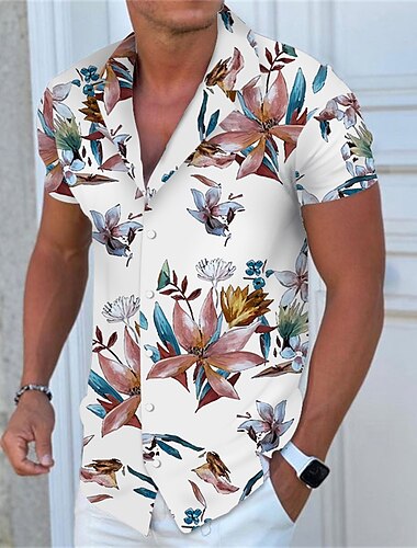  Herren Blumen Hawaiian Aloha Hemd Hawaiihemd Sommerhemd Knopfhemd Kurzarm Modisch Designer Brautkleider schlicht Outdoor Casual Täglich Frühling Sommer Umlegekragen Button-Down Hellgelb Hellrosa