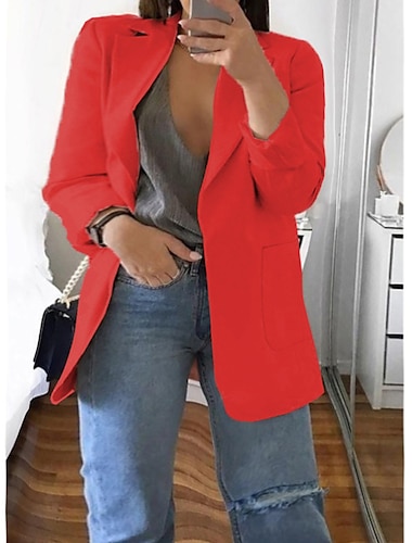  Mujer Talla extra chaqueta Bolsillo Botón Trabajo Manga Larga Solapa de Muesca Regular Otoño Invierno Rosa Intenso Rojo tinto Polvo para la piel L XL 2XL 3XL 4XL / Talla Grande
