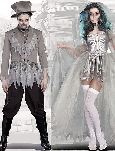  couples cosplay fantôme mariée tenues couples costumes hommes femmes film cosplay cosplay costume fête effrayant costume gris manteau chemise robe carnaval mascarade