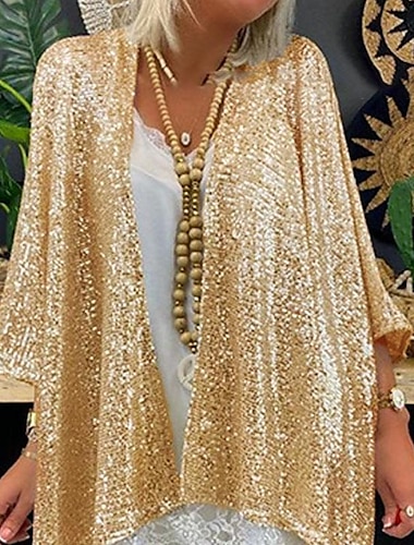  Chaqueta de mujer de talla grande con lentejuelas, formal, para fiesta, con abertura frontal y brillo&amp;Abrigos de boda con lentejuelas y mangas 3/4 brillantes para invitados de otoño con purpurina