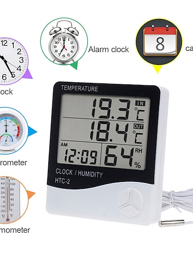  מד טמפרטורה דיגיטלי LCD מד לחות בית מקורה חיצוני מדחום מדחום מדחום מדחום תחנת מזג אוויר עם שעון