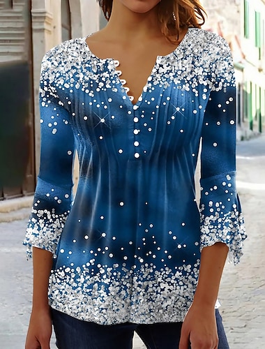  Damen T-Shirt Plus Size Shirt T-Shirt Henley Shirt Bluse Grafik Polka Dot Blume Basic Langarm Rundhals Reguläre Tops Freizeit Wochenende Knöpfe Druck Denim Blau Grasgrün Schwarz Gelb Hell
