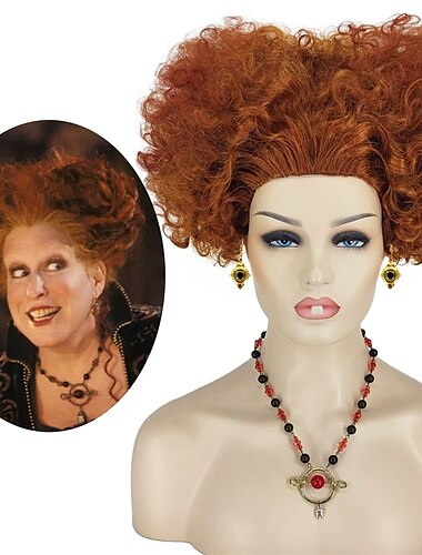  Ariker Winifred Sanderson Perücke Lockige Braune Hocus Pocus 2 Winifred Perücke für Frauen Sanderson Schwestern Zubehör Hexenperücke Ohne Zähne Halskette Ohrringe Halloween Perücken