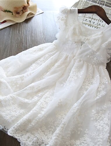  فستان حاملات الأزهار للفتيات فستان فستان الأميرة فستان الحفلة مدرسة رسمي زفاف أنيق كاجوال طباعة تقليم الدانتيل لون سادة بدون كم رقبة العمل أبيض 2-8 سنوات