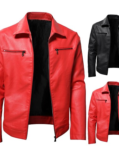  Voor heren Jas van imitatieleer Overgangsjack Bikerjack Rood leren jack Feest Casual / Dagelijks Thermisch Warm Winddicht Trim van imitatiebont Herfst Heldere kleur Punkmode Revers Normaal