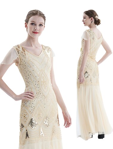  Goldene Zwanziger 1920er Cocktailkleid Maxi Flapper Kleid Kleid Abschlussballkleid Der große Gatsby Charleston Hochzeitsgast Pailletten Geometrisch Meerjungfrauenschnitt Tiefer V-Ausschnitt Normal