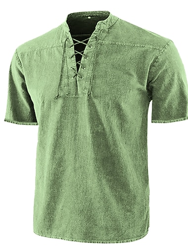  Per uomo Camicia Camicia estiva Abbigliamento mare Maglietta informale Nero Vino Verde militare Blu marino Blu Manica corta Liscio Tinta unita Colletto alla coreana Esterno Strada Lacci Abbigliamento