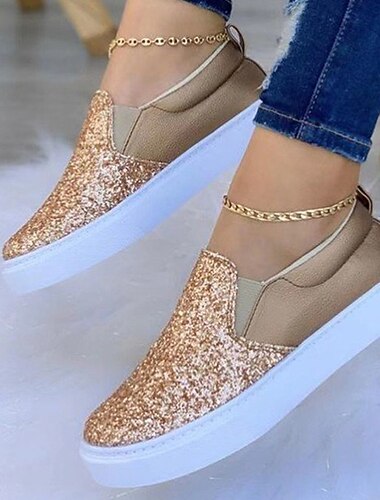  Baskets à enfiler à paillettes dorées pour femmes – chaussures à plateforme décontractées scintillantes avec tige en similicuir pour un usage quotidien, les fêtes et le style urbain