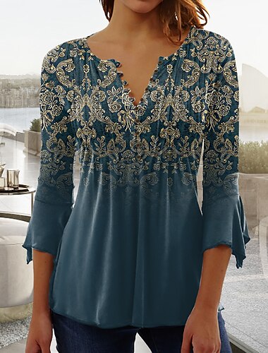  Woman's T-shirt Henley T-shirt Blouse Bloem Vintage Basis 3/4 Lengte Mouw Ronde Hals Reguliere Tops Casual Weekend Knopen Print Blauw Paars Groen