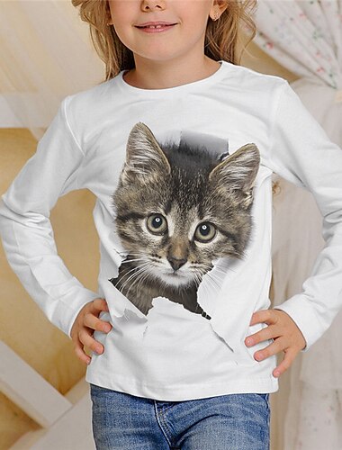  Mädchen 3D Tier Katze T-Shirt Langarm 3D-Druck Sommer Frühling Herbst Aktiv Sport Modisch kinderkleidung 3-12 Jahre Outdoor Täglich Innen Regular Fit