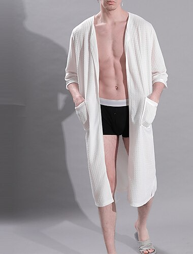  Hombre Túnica Albornoces Batas Pijama 1 pc Color puro Moda Confort Suave Hogar Cama Poliéster Transpirable Escote en V Manga Corta Básico Otoño Primavera Blanco Azul Marino