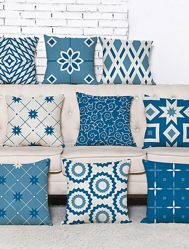  blauwe set van 9 kussensloop, geometrische patroon geometrische vrije tijd moderne faux linnen sierkussen outdoor kussen voor slaapbank bed stoel blauw