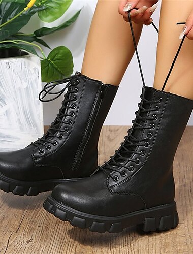  Mujer Botas Botas con plataforma Botas de Combate Tallas Grandes Exterior Diario Botas a media pierna Con Cordón Plataforma Dedo redondo Punk Casual Minimalismo Zapatos de Paseo Cuero PU Cuero