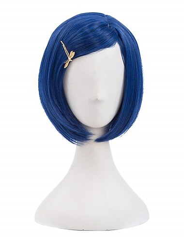  Morticia curto liso azul feminino bob peruca infantil com grampo de cabelo libélula de ouro