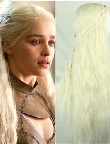  House of the Dragon Daenerys Targaryen synthetische Perücke lockige asymmetrische Perücke lange hellblonde synthetische Haare Frauen Cosplay weiche Mode blonde Halloween Perücken