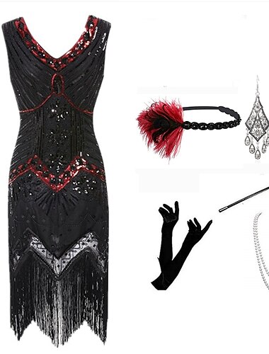  Řvoucí 20s Retro Velký Gatsby Krátká délka Bubenové šaty Šaty Úbory Bez rukávů Velký Gatsby Svatební host Flitry Třásně Flitry Do V Dámské předvečer Všech svatých Plesová maškaráda předvečer Všech