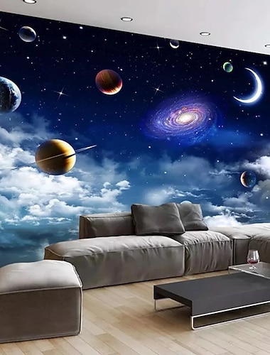  3d muurschildering behang zonnestelsel galaxy planet muursticker die print peel en stick verwijderbare pvc/vinyl materiaal zelfklevend/lijm vereist muur decor muurschildering voor woonkamer slaapkamer