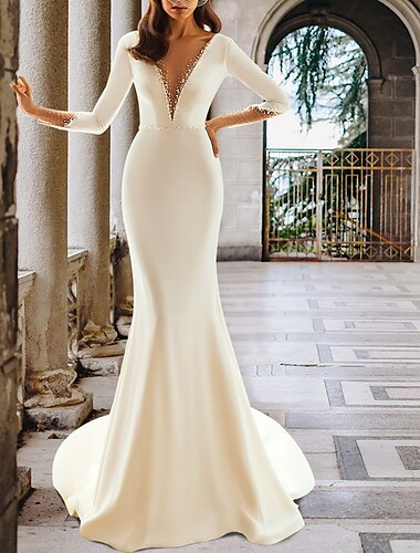  רשמי שמלות חתונה בתולת ים \ חצוצרה צווארון V שרוול ארוך שובל קורט סאטן שמלות כלה עם פרטים מקריסטל חרוזים 2024