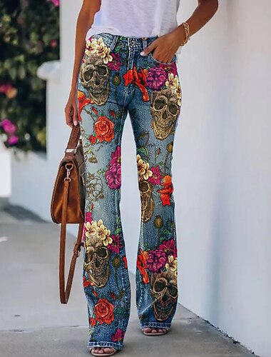  Damen Jeans Ausgestellte Hosen Faux Denim Seitentaschen Bedruckt In voller Länge Blau