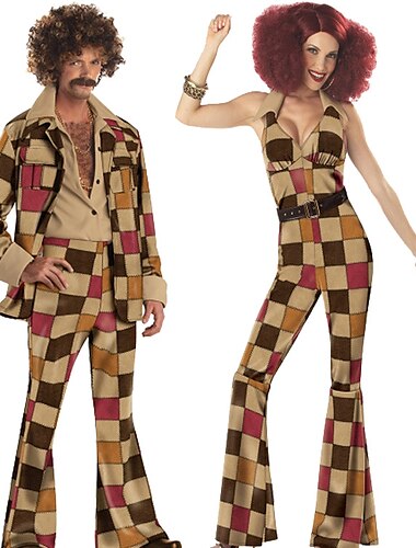  couples cosplay halloween groupe couples costumes abba costume hommes femmes film cosplay rétro vintage hippie années 1970 manteau marron justaucorps / combinaison pantalon carnaval mascarade