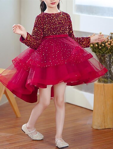  Barn Flickor Klänning Solid färg Långärmad Fest Dagligen Paljetter Rosett söt stil Prinsessa Polyester Knälång Tyllklänning Vår Höst Vinter 3-12 år Champagne Rubinrött