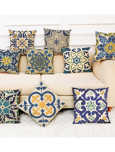  9 Stück Kissenbezug geometrischer Musterdruck einfaches lässiges quadratisches traditionelles klassisches Kunstleinenkissen für Sofa-Couch-Bett-Stuhl