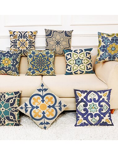  9 piezas funda de almohada estampado de patrón geométrico simple casual cuadrado tradicional clásico cojín de lino de imitación para sofá cama silla