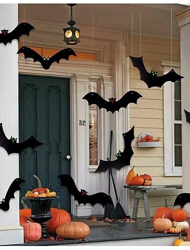  16 個ハロウィンぶら下げコウモリ装飾発光目パーティー中庭の壁の装飾小道具木製ツリーペンダント