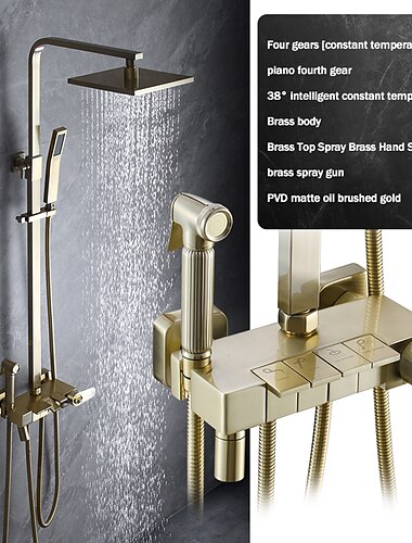  Duscharmatur, Duschsystem, Regenduschkopfsystem, Thermostat-Mischventil-Set – Handbrause inklusive, ausziehbare Regendusche, Antik-Land-Nickel, gebürstete Halterung im Inneren des Keramikventils