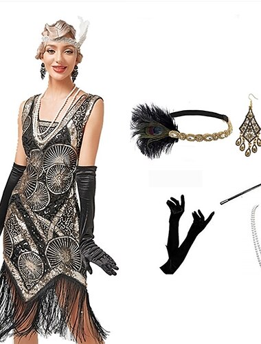  Goldene Zwanziger Der große Gatsby Kurze Länge Flapper Kleid Kleid Outfits Ärmellos Der große Gatsby Hochzeitsgast Pailletten Quastenfransen Pailletten Quaste V-förmiger Draht-Ausschnitt Damen