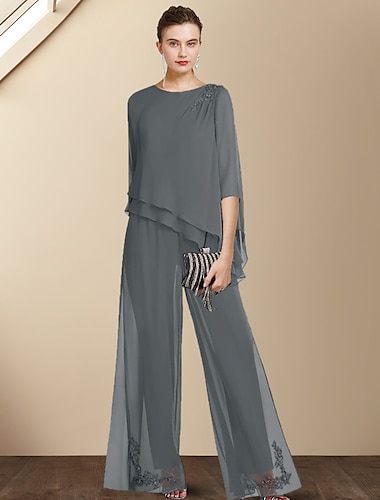  Φόρεμα Δύο Τεμαχίων Jumpsuit  Παντελονιού Μητέρας της Νύφης Γάμου Καλεσμένη Elegant Plus Size Jewel Neck Μήκους Δαπέδου Σατέν 3/4 Μανίκι με Εφαρμογές 2025 δωρεάν προσαρμοσμένο μέγεθος