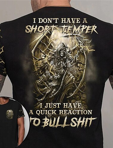  Männer Kurzarm Grafik T-Shirt - Reaper Blitz Design mit der provokanten Aussage 'Keine kurze Geduld nur schnelle Reaktion auf Bullshit'